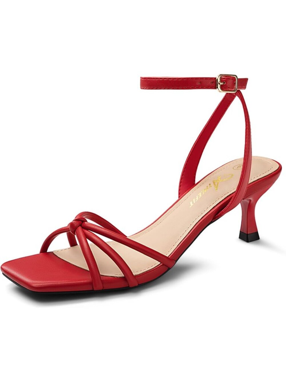 Women's Red Kitten Low Heels Square Toe Strappy Heeled Sandals PU Leather Heels